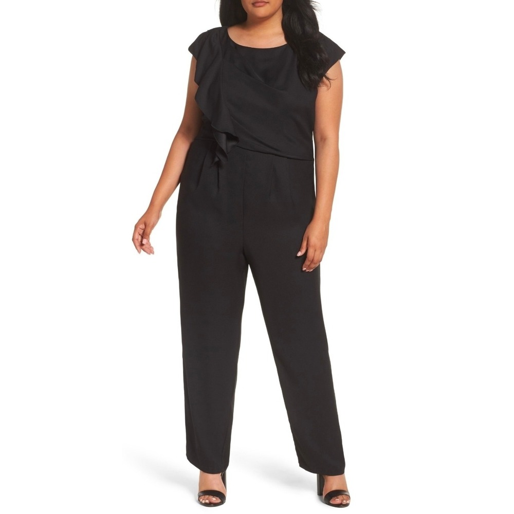 Eliza J NWT Jumpsuit SZ 18W Black Ruffle Shoulder Preppy Business Pockets Crepe